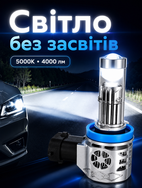 LED лампи H11 з лінзами для автомобільних фар 4000 лм 5000K з термоконтролем та легкою установкою - зображення 6