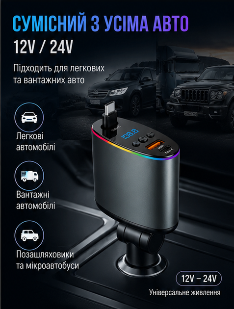 FM-трансмиттер для авто с встроенным кабелем Type-C и быстрой зарядкой до 3 А и LED-дисплеем - изображение 5