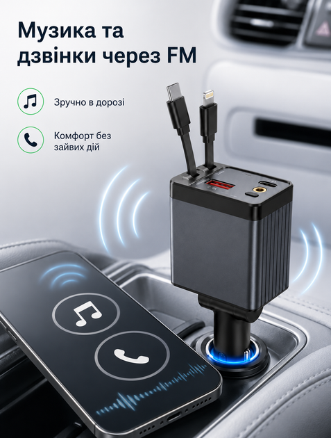 Автомобильный FM-трансмиттер 4 в 1 с Bluetooth для авто с встроенными кабелями USB Type-C Lightning 120 Вт быстрая зарядка и hands-free питание от прикуривателя 12–24 В - изображение 5