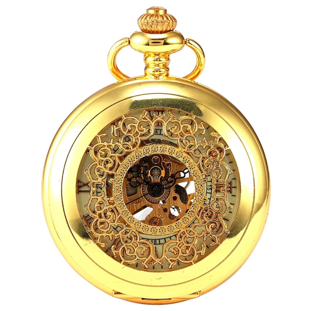 Бесшумные механические карманные часы Skeleton CLASSIC, золотистый, на цепочке (2379) - изображение 4