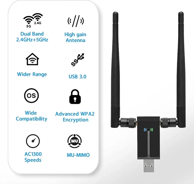USB Wi-Fi адаптер AC1300 1300 Мбіт/с, USB 3.0, Dual Band 2.4/5 ГГц, 2 антени 5 dBi, MU-MIMO, для ПК та ноутбука, Windows 11/10/8/7, Mac OS - зображення 4