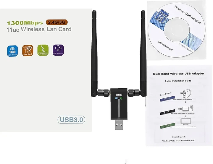 USB Wi-Fi адаптер AC1300 1300 Мбіт/с, USB 3.0, Dual Band 2.4/5 ГГц, 2 антени 5 dBi, MU-MIMO, для ПК та ноутбука, Windows 11/10/8/7, Mac OS - зображення 7