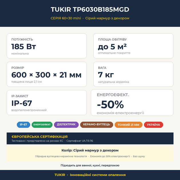 Обігрівач керамічний інфрачервоний TUKIR 185 Вт настінний (мармур/горох) з регулятором TP6030B185MGD - зображення 10