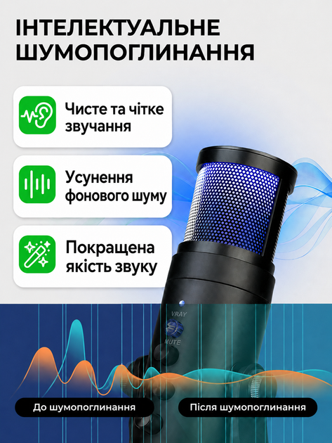 Мікрофон для пк ігровий для комп'ютера студійний для ноутбука стріму блогера запису відео конденсаторний настільний з кнопкою з підсвічуванням професійний RGB підсвітка Plug&Play USB MU900 73763 - зображення 2