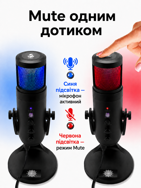Мікрофон для пк ігровий для комп'ютера студійний для ноутбука стріму блогера запису відео конденсаторний настільний з кнопкою з підсвічуванням професійний RGB підсвітка Plug&Play USB MU900 73763 - зображення 3