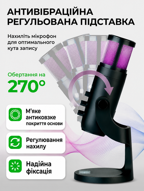 Мікрофон для пк ігровий для комп'ютера студійний для ноутбука стріму блогера запису відео конденсаторний настільний з кнопкою з підсвічуванням професійний RGB підсвітка Plug&Play USB MU900 73763 - зображення 4