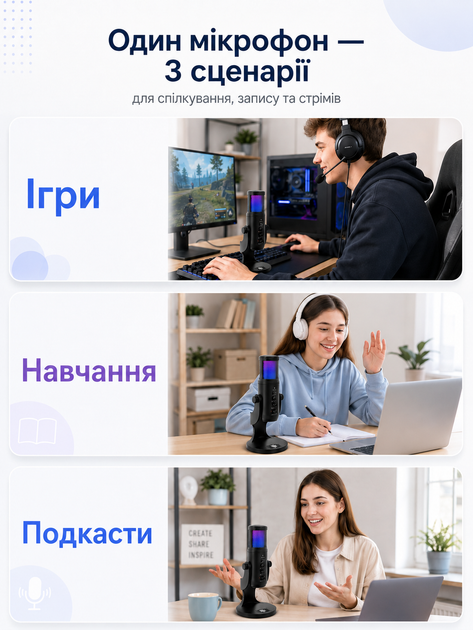 Мікрофон для пк ігровий для комп'ютера студійний для ноутбука стріму блогера запису відео конденсаторний настільний з кнопкою з підсвічуванням професійний RGB підсвітка Plug&Play USB MU900 73763 - зображення 6