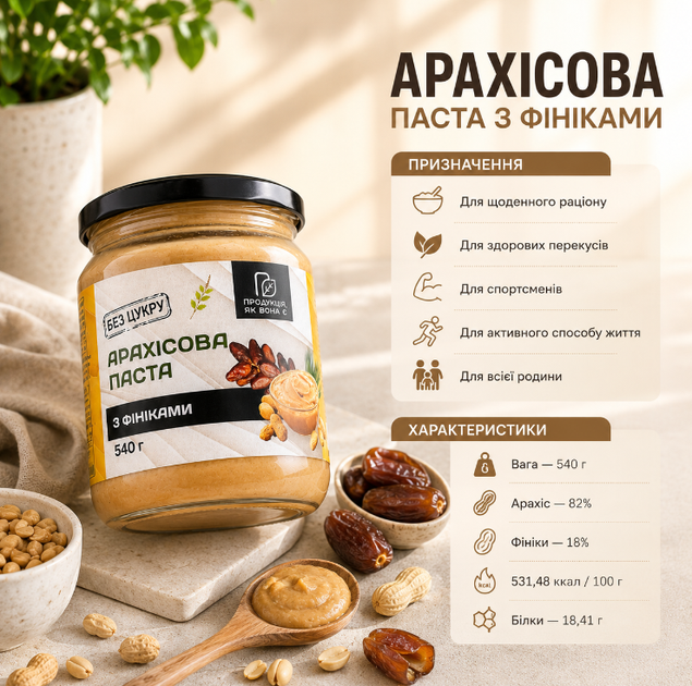 Арахисовая паста с финиками 540 г натуральная без сахара кранч - Фото 3 Арахисовая паста с финиками 540 г натуральная без сахара кранч - изображение 3