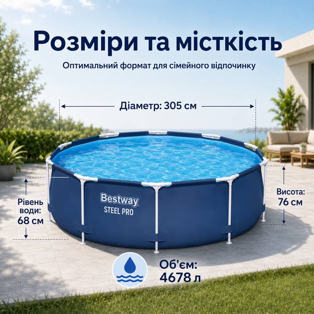 Каркасный бассейн Bestway Steel Pro 305×76 см круглый сине-серый на 4678 л, сборный садовый бассейн с трехслойной ПВХ-чашей - Фото 3 Каркасный бассейн Bestway Steel Pro 305×76 см круглый сине-серый на 4678 л, сборный садовый бассейн с трехслойной ПВХ-чашей - изображение 3