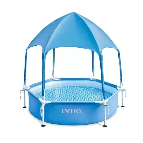 Каркасний басейн Intex Splash-in-Shade Play 183×38 см круглий синьо-сірий на 700 л з тентом-парасолькою та душем, дитячий збірний - зображення 6