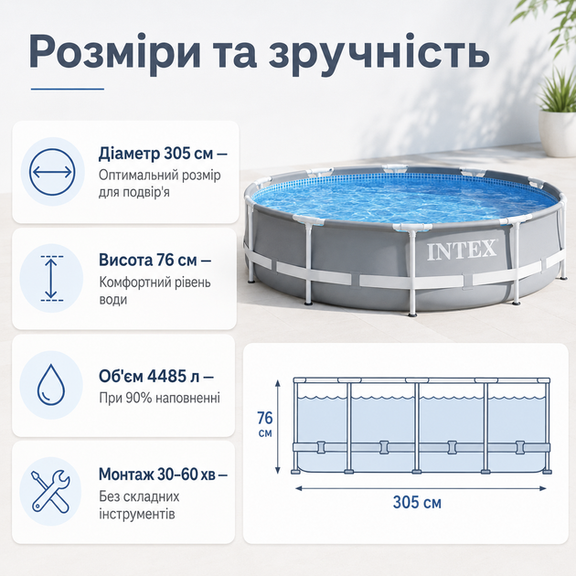 Каркасний басейн Intex Prism Frame 305×76 см круглий сріблясто-сірий на 4485 л, збірний садовий басейн з тришаровою ПВХ-чашею - зображення 4