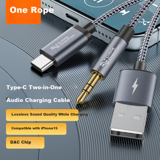 Автомобільний аудіокабель CABLE CREATION AUX з двома входами для зарядки та музики Type-C - 3,5 мм, 1,2 метра, сумісний з Apple 15, Huawei Mate60, кабель для підключення динаміка телефону та передачі даних - изображение 4