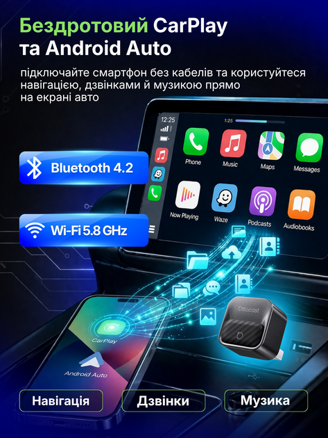 Адаптер carplay android для авто карплей андроид беспроводной CarPlay Android Auto Ottocast Mini Core 3 in 1 Bluetooth Wi-Fi plug play мини переходник wireless для штатной магнитолы подключение iPhone без кабеля компактный смарт + салфетка в комплекте - Фото 6 Адаптер carplay android для авто карплей андроид беспроводной CarPlay Android Auto Ottocast Mini Core 3 in 1 Bluetooth Wi-Fi plug play мини переходник wireless для штатной магнитолы подключение iPhone без кабеля компактный смарт + салфетка в комплекте - изображение 6