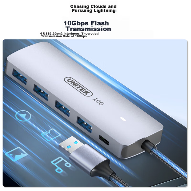 USB-концентратор UNITEK USB 3.2, 10 Гбіт/с, з блоком живлення Type-C, кабель 1 м - зображення 12