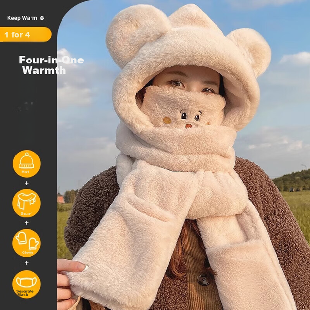 Жіноча шапка Huili Bear, зимова плюшева тепла потовщена велосипедна вітрозахисна маска з капюшоном та шиєю, універсальний комплект з чотирьох частин - зображення 4