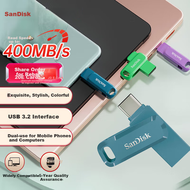 Флешка SanDisk 512ГБ Type-C USB 3.2 Dual Drive DDC3, 400МБ/с, синя - Фото 4 Флешка SanDisk 512ГБ Type-C USB 3.2 Dual Drive DDC3, 400МБ/с, синя - зображення 4