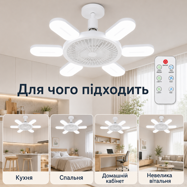 Потолочная LED лампа-вентилятор E27 60W 6500K с пультом управления, светильник в патрон с 6 лампами, диммером и вентилятором - изображение 3