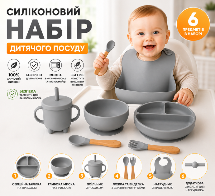 Набір дитячого посуду з 6 предметів сірий 26X-35 - Фото 1 Набір дитячого посуду з 6 предметів сірий 26X-35 - изображение 1