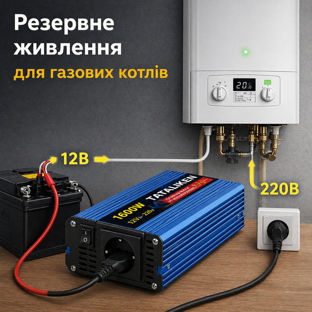 Инвертор с чистой синусоидой 12V → 220V Tataliken 1600W для ноутбука, котла и небольшой техники - изображение 7