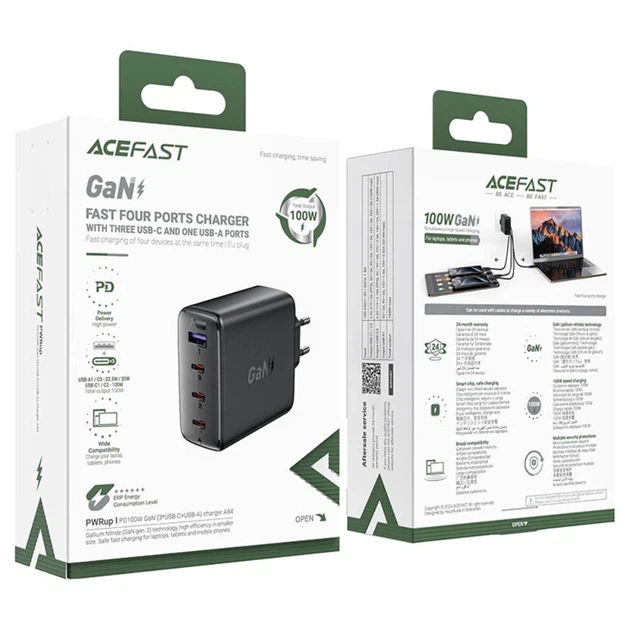 Зарядний пристрій для телефону Acefast PD 100 Вт GaN 3xUSB-C+USB-A Чорний (A94) - зображення 3