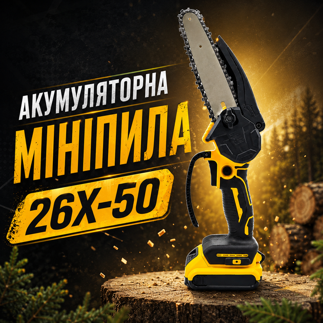 Аккумуляторная цепная мини-пила 26X-50 8 дюймов с шиной 240 мм, садовая электропила для обрезки деревьев, веток и кустарников, беспроводной инструмент с автоматической смазкой цепи, 2 аккумулятора 21 В, жёлтая - Фото 1 Аккумуляторная цепная мини-пила 26X-50 8 дюймов с шиной 240 мм, садовая электропила для обрезки деревьев, веток и кустарников, беспроводной инструмент с автоматической смазкой цепи, 2 аккумулятора 21 В, жёлтая - изображение 1