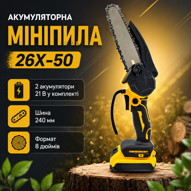 Аккумуляторная цепная мини-пила 26X-50 8 дюймов с шиной 240 мм, садовая электропила для обрезки деревьев, веток и кустарников, беспроводной инструмент с автоматической смазкой цепи, 2 аккумулятора 21 В, жёлтая - Фото 2 Аккумуляторная цепная мини-пила 26X-50 8 дюймов с шиной 240 мм, садовая электропила для обрезки деревьев, веток и кустарников, беспроводной инструмент с автоматической смазкой цепи, 2 аккумулятора 21 В, жёлтая - изображение 2