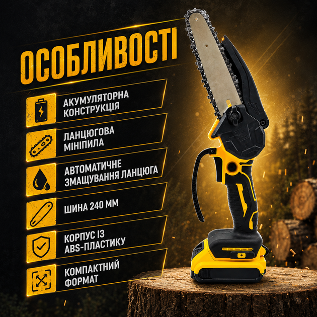 Аккумуляторная цепная мини-пила 26X-50 8 дюймов с шиной 240 мм, садовая электропила для обрезки деревьев, веток и кустарников, беспроводной инструмент с автоматической смазкой цепи, 2 аккумулятора 21 В, жёлтая - Фото 4 Аккумуляторная цепная мини-пила 26X-50 8 дюймов с шиной 240 мм, садовая электропила для обрезки деревьев, веток и кустарников, беспроводной инструмент с автоматической смазкой цепи, 2 аккумулятора 21 В, жёлтая - изображение 4