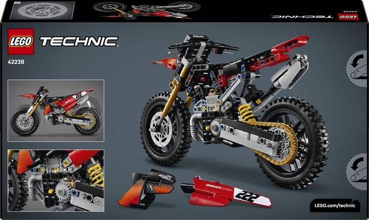 Конструктор LEGO Technic Мотоцикл Ducati Desmo450 MX Factory 457 деталей (42238) - Фото 9 Конструктор LEGO Technic Мотоцикл Ducati Desmo450 MX Factory 457 деталей (42238) - зображення 9