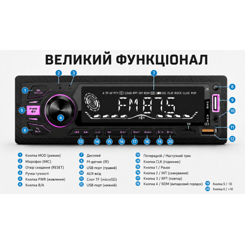 Автомагнитола Pulso-1020111:DSP, большой LCD дисплей, RGB-подсветка, USB, FM, RCA, 4х50 Вт,Bluetooth - изображение 6