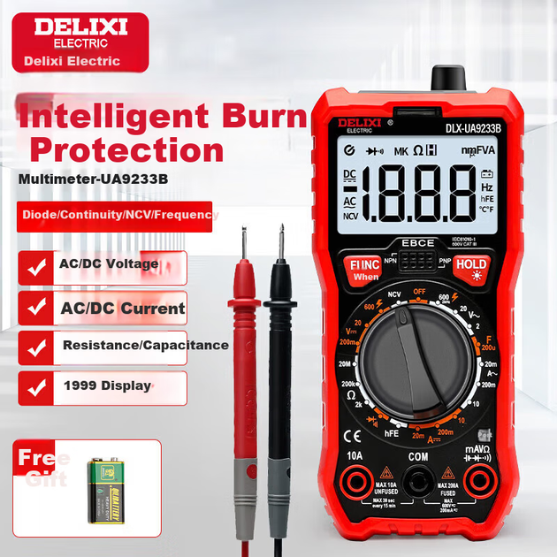 DELIXI ELECTRIC Интеллектуальный мультиметр с защитой от перегорания, цифровой дисплей с подсветкой, высокоточный тестер напряжения/тока/сопротивления/емкости/частоты для домашнего использования. - зображення 4