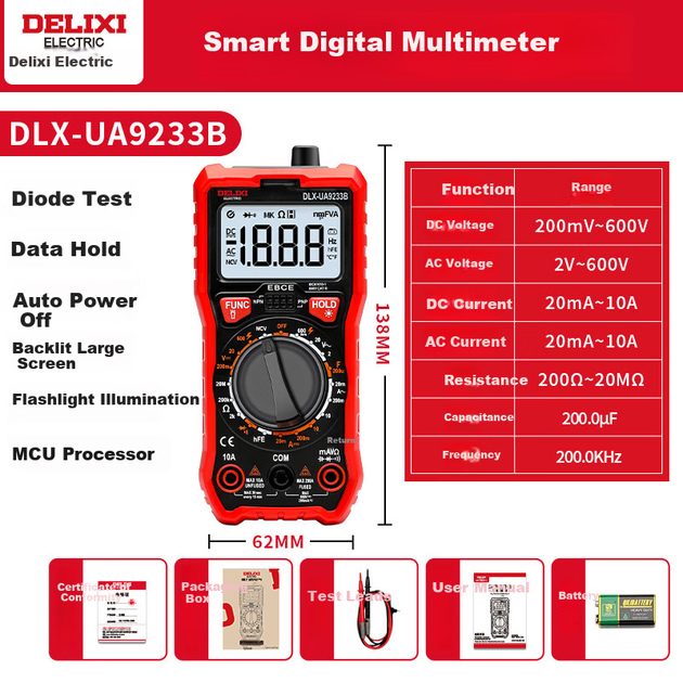 DELIXI ELECTRIC Интеллектуальный мультиметр с защитой от перегорания, цифровой дисплей с подсветкой, высокоточный тестер напряжения/тока/сопротивления/емкости/частоты для домашнего использования. - зображення 5
