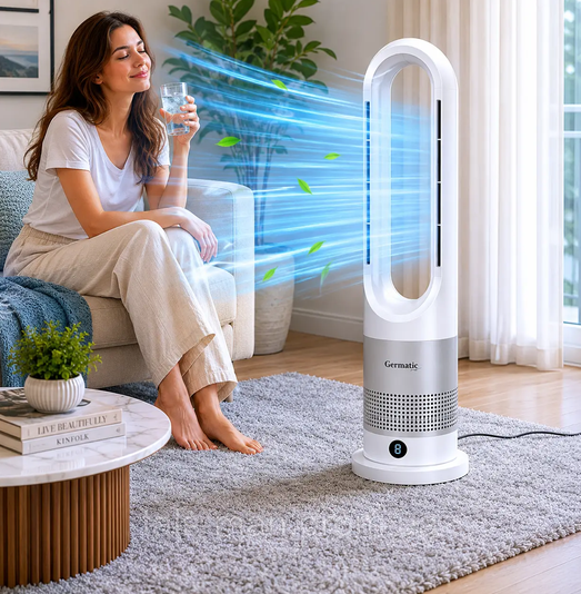 Напольный вентилятор Germatic AM-030JR 2в1, 1200 Вт, обогрев и охлаждение, автоповорот 80°, пульт ДУ, белый. - изображение 6
