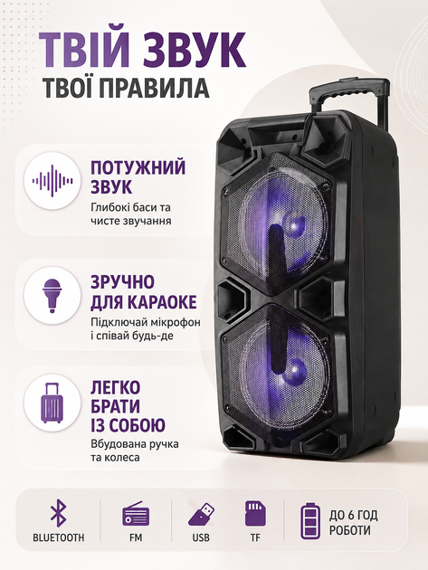 Портативная акустическая система колонка чемодан 2×10″ PMPO 4000 Вт с микрофоном пультом Bluetooth FM USB LED черная (49676161) - изображение 2
