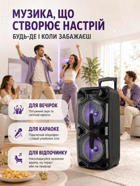 Портативная акустическая система колонка чемодан 2×10″ PMPO 4000 Вт с микрофоном пультом Bluetooth FM USB LED черная (49676161) - изображение 4