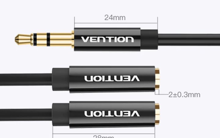 Кабель Vention Audio 3.5mm M 4pin - 2x3.5mm F 0.3 м Black Metal Type, 3 pin, стерео (BBSBY) - Фото 3 Кабель Vention Audio 3.5mm M 4pin - 2x3.5mm F 0.3 м Black Metal Type, 3 pin, стерео (BBSBY) - зображення 3