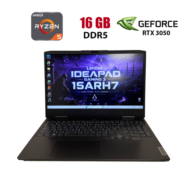 Ігровий ноутбук Lenovo IdeaPad Gaming 3 15ARH7 / 15.6" (1920x1080) IPS / AMD Ryzen 5 6600H (6 (12) ядер по 3.3 - 4.5 GHz) / 16 GB DDR5 / 256 GB SSD / nVidia GeForce RTX 3050, 4 GB GDDR6, 128-bit / WebCam б/в - Фото 1 Ігровий ноутбук Lenovo IdeaPad Gaming 3 15ARH7 / 15.6" (1920x1080) IPS / AMD Ryzen 5 6600H (6 (12) ядер по 3.3 - 4.5 GHz) / 16 GB DDR5 / 256 GB SSD / nVidia GeForce RTX 3050, 4 GB GDDR6, 128-bit / WebCam б/в - зображення 1