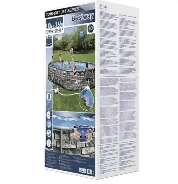 Каркасный бассейн Bestway Power Steel Frame 610×366×122 см 20241 л коричневый овальный с картриджным насосом-фильтром 9463 л/ч, LED-подсветкой, массажными форсунками, лестницей, тентом и подстилкой - изображение 5