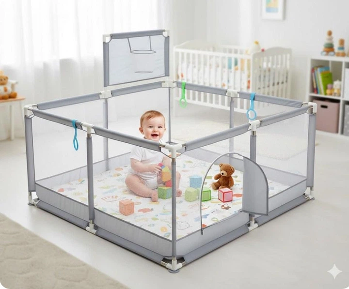 Игровой манеж 130×130 см с корзиной для мячей для детей серый Aptel FK-1009 - изображение 2