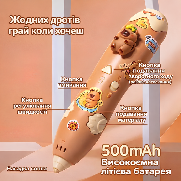 Бездротова 3D-ручка Капібара акумуляторна USB дитяча 3Д ручка Capybara низькотемпературна холодна ручка для об'ємного малювання - изображение 5