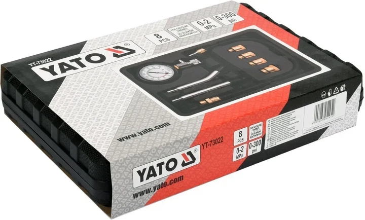 Компрессометр YATO для бензиновых двигателей 0-2 МПа набор 8 предметов в кейсе YT-73022 - Фото 4 Компрессометр YATO для бензиновых двигателей 0-2 МПа набор 8 предметов в кейсе YT-73022 - изображение 4