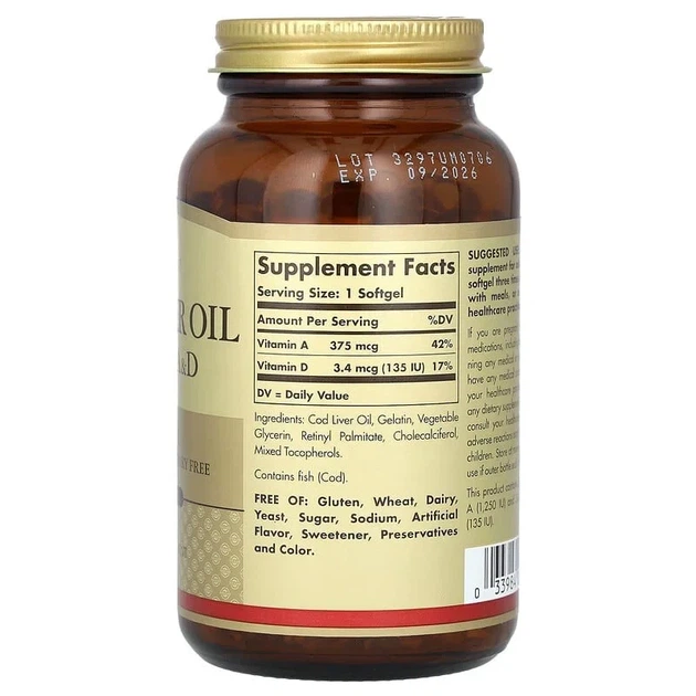 Витамины А и Д3 из печени трески Solgar (Vitamins A and D3 Cod Liver Oil) 1250 МЕ/135 МЕ 250 капсул - изображение 2