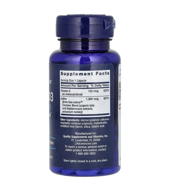Витамин Д3 с морским йодом, Vitamin D3 with Sea-Iodine, Life Extension, 5000 МЕ, 60 капсул - изображение 2