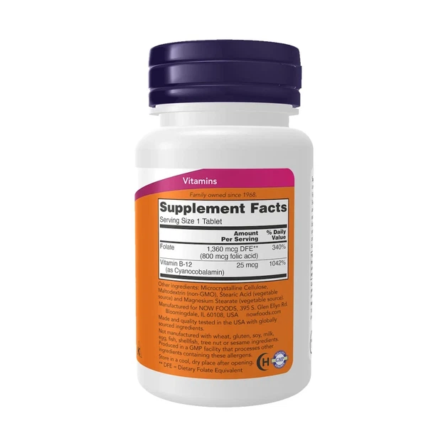 Фолієва кислота і В12 Folic Acid Vitamin B-12, Now Foods, 250 таблеток - зображення 2