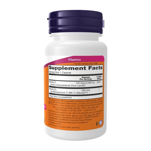 Мега D3 и MK-7 "Mega D-3 & MK-7 5000 IU / 180 mcg" Now Foods, 60 капсул - изображение 2
