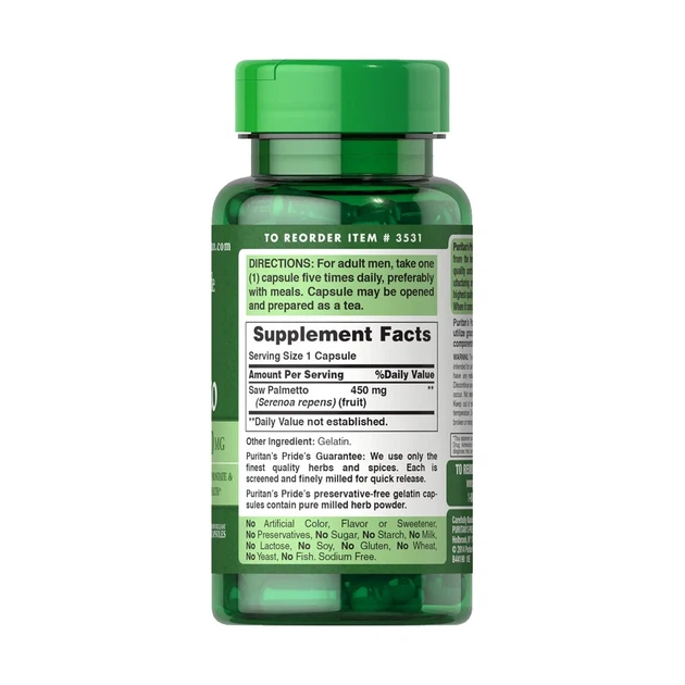 Со Пальметто Saw Palmetto 450 мг Puritan's Pride 100 капсул - зображення 2