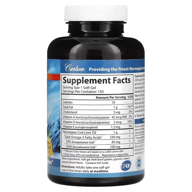 Рыбий жир с витамином А и D3 Cod Liver Oil Low Vitamin A Omega-3s wild norwegian Carlson Labs, 150 капсул - изображение 2