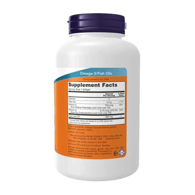 Риб'ячий жир із печінки тріски Now Foods (Cod Liver Oil) 650 мг 250 капсул - зображення 2