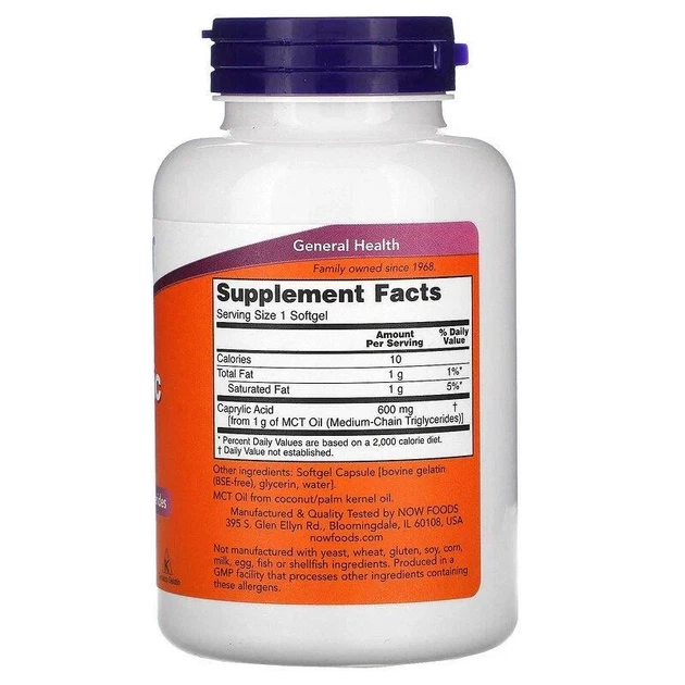 Каприловая кислота "Caprylic Acid" Now Foods, 600 мг, 100 капсул - Фото 2 Каприловая кислота "Caprylic Acid" Now Foods, 600 мг, 100 капсул - изображение 2