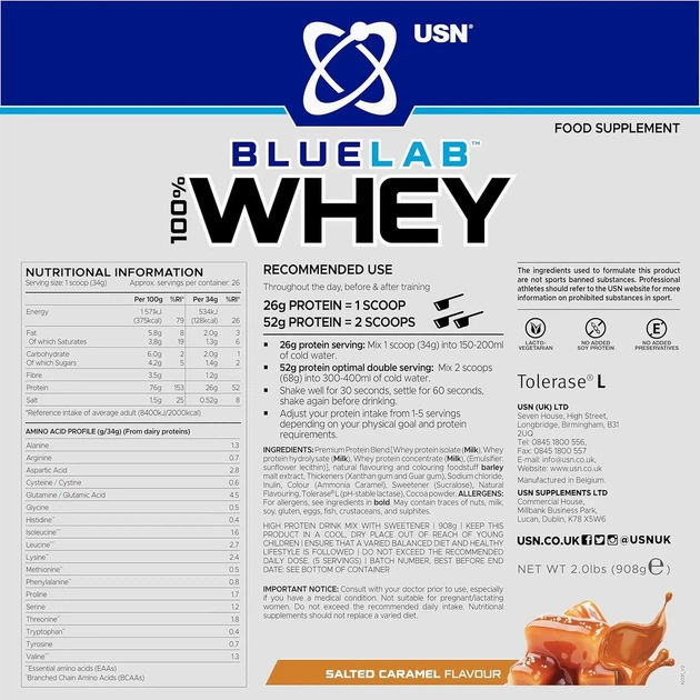 Сироватковий протеїн Blue Lab 100% Whey Premium Protein USN, солона карамель, 908 г - зображення 2