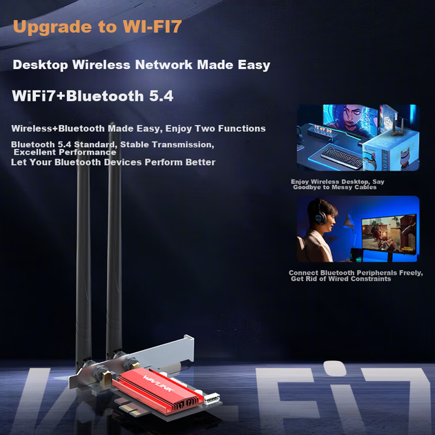Wavlink Intel BE200 Беспроводная сетевая карта WiFi 7 Gigabit для игр, высокоскоростной настольный WiFi-приемник и передатчик, встроенная сетевая карта PCI-E, Bluetooth 5.4 BE3-B - изображение 5